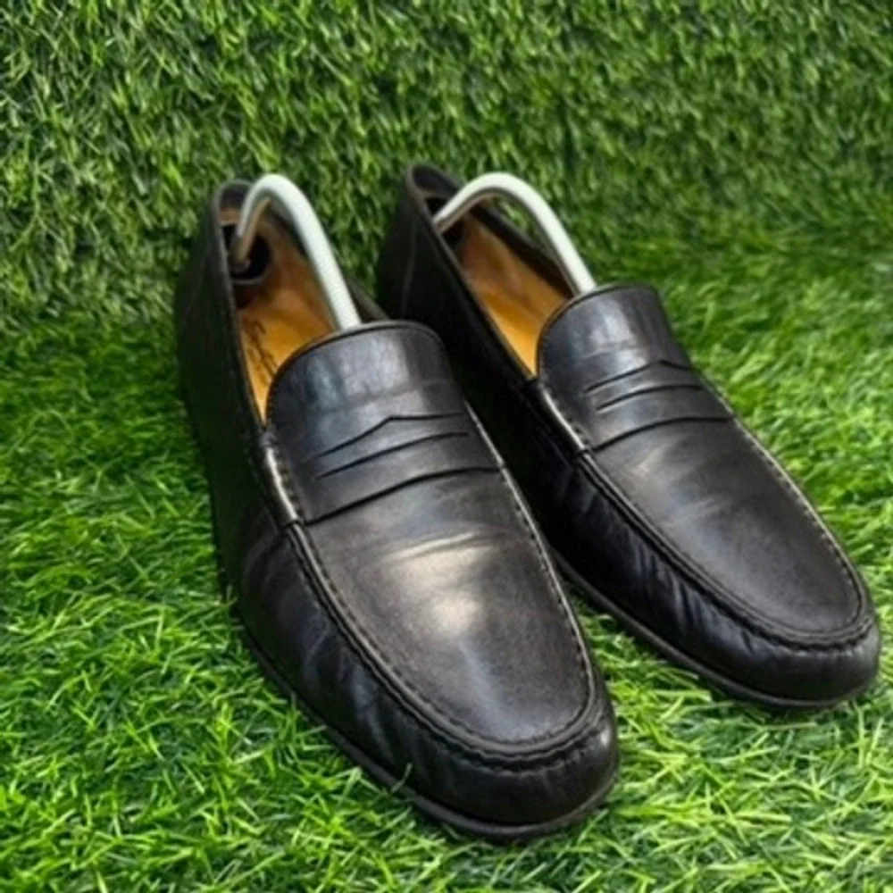 Santoni Penny Loafers Mens Black Leather Slip On 12 B Made in Italy Dress Shoes